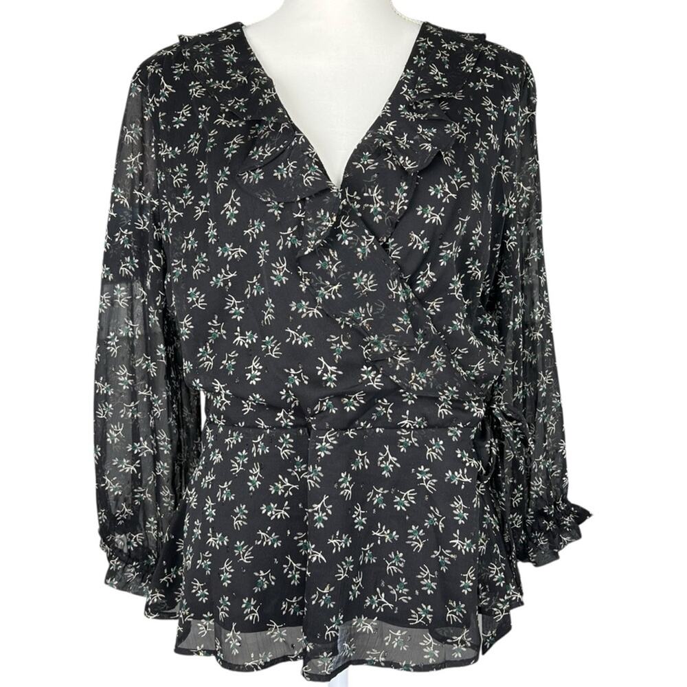 Collective Concepts Black Floral Ruffle Wrap Blouse Top Size XL